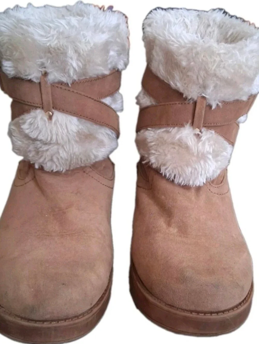 Guess Ankle Boots Womens Sz 8M Faux Suede W/ Fur Lining Brown W/Gold 
